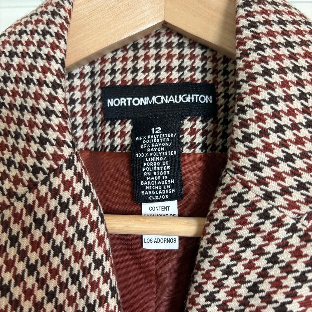 Vintage 90s Y2K Norton‎ McNaughton Houndstooth Brown Blazer Women's Sz 12 Fringe
